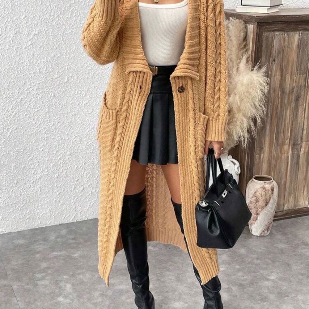 Tan Cable Knit Cardigan Sweater